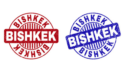 Grunge BISHKEK round stamp seals isolated on a white background. Round seals with distress texture in red and blue colors. Vector rubber imitation of BISHKEK tag inside circle form with stripes.
