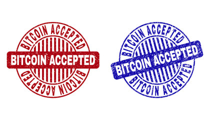 Grunge BITCOIN ACCEPTED round stamp seals isolated on a white background. Round seals with distress texture in red and blue colors.