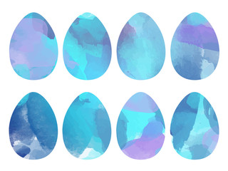 Blue, cyan and violet pastel watercolor splashes painted Easter eggs Vector collection set