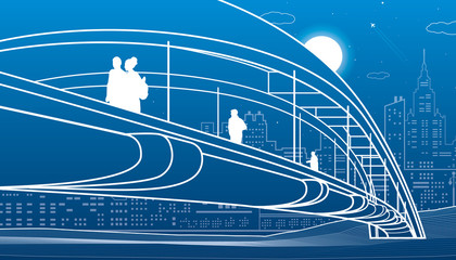 People walking at pedestrian bridge. City skyline. Modern night town. Infrastructure illustration, urban scene. White lines on blue background. Vector design art 