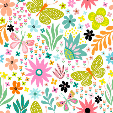 seamless floral pattern with different butterflies, flowers and plants