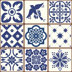 Blue Portuguese tiles pattern - Azulejos vector, fashion interior design tiles 