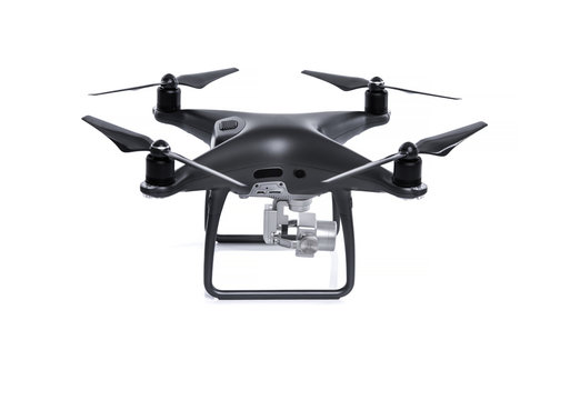 Black drone with camera isolated on white background. Quadcopter for flying and shooting 4K UHD video and photos.