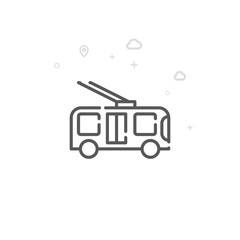 Trolleybus, Trackless Trolley Vector Line Icon. City Urban Transport Symbol, Pictogram, Sign. Light Abstract Geometric Background. Editable Stroke. Adjust Line Weight. Design with Pixel Perfection.