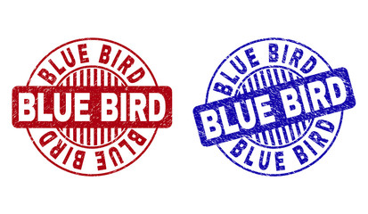 Grunge BLUE BIRD round stamp seals isolated on a white background. Round seals with grunge texture in red and blue colors. Vector rubber watermark of BLUE BIRD text inside circle form with stripes.