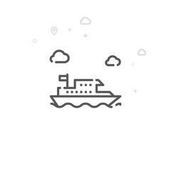Naklejka premium Boat, River Tram Vector Line Icon. City Urban Transport Symbol, Pictogram, Sign. Light Abstract Geometric Background. Editable Stroke. Adjust Line Weight. Design with Pixel Perfection.