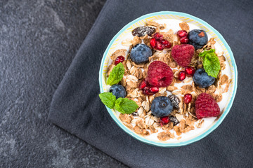 Hmemade healthy brunch or breakfast bowl, top view