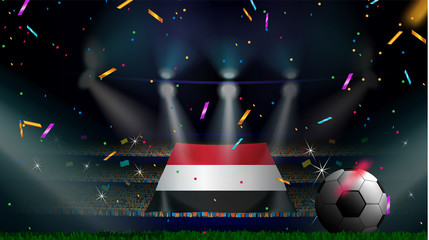 Fans hold the flag of Egypt among silhouette of crowd audience in soccer stadium with confetti to celebrate football game. Concept design for football result template