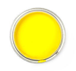 Open yellow paint can isolated on white background, top view