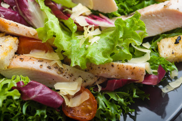 Healthy chicken salad with lettuce, grilled tomato, croutons, shredded cheese and grilled chicken