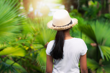 View from behind a girl wearing straw hat standing in the palm garden under sunlight. - 259133720
