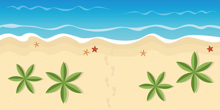 footprints on lonely beach with palm trees and starfish summer holiday concept vector illustration EPS10