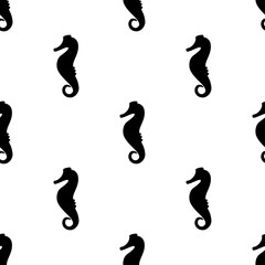 Vector illustration seamless pattern. Marine tropical design. Black silhouette of sea horse