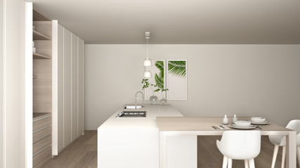 White minimalist kitchen in eco friendly apartment, island, table, stools and open cabinet with accessories, big window, bamboo and hydroponic vases, parquet , interior design idea