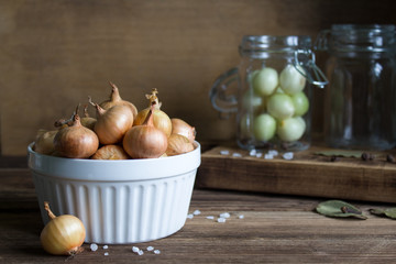 Fresh and pickled onions in a rustic style.