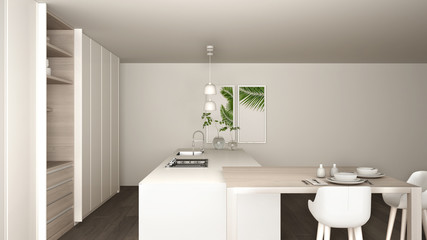 Fototapeta na wymiar White and gray minimalist kitchen in eco friendly apartment, island, table, stools and open cabinet with accessories, window, bamboo, hydroponic vases, parquet , interior design idea