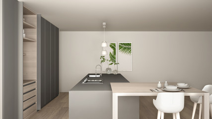 White and gray minimalist kitchen in eco friendly apartment, island, table, stools and open cabinet with accessories, window, bamboo, hydroponic vases, parquet , interior design idea