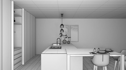 Unfinished project of minimalist kitchen, island, table, stools and open cabinet with accessories, window, bamboo, hydroponic vases, parquet , interior design concept idea