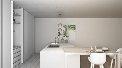 Fototapeta na wymiar Architect interior designer concept: unfinished project that becomes real, minimalist kitchen, island, window, bamboo, hydroponic vases, parquet , interior design concept idea