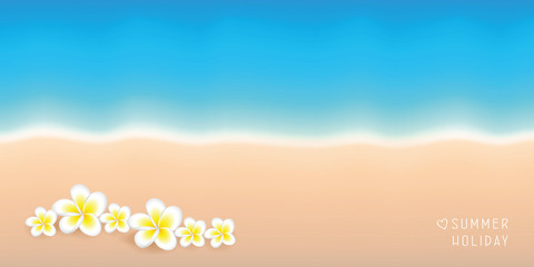 Fototapeta na wymiar summer holiday background turquoise water and sandy beach with frangipani tropical flowers vector illustration EPS10
