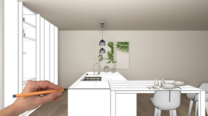 Unfinished project, under construction draft, concept interior design sketch, hand pointing real modern white kitchen with blueprint background, architect and designer idea