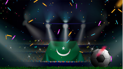 Fans hold the flag of Mauritania among silhouette of crowd audience in soccer stadium with confetti to celebrate football game. Concept design for football result template