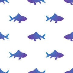Vector illustration seamless pattern. Marine tropical design. Blue gradient silhouette of sea fish