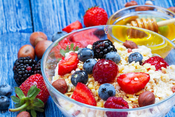 Muesli Breakfast with oatmeal, berries and honey. Closeup of a crunchy granola with a bunch of fresh berries, sunflower seeds and hazelnuts. Healthy diet.
