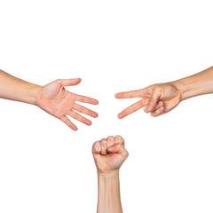 Male hands playing Rock Paper Scissors on white background
