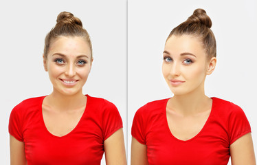 The Secret of Makeup. Before- After,Portrait of beautiful girl  with problem and clear skin 