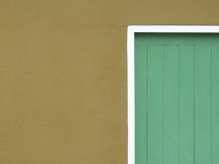 minimal style green wood door with brown wall