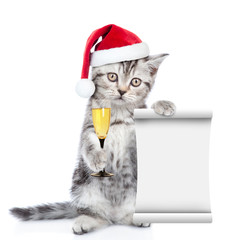 Kitten in red santa hat  holding empty list and glass of champagne. isolated on white background.