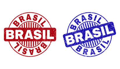 Grunge BRASIL round stamp seals isolated on a white background. Round seals with grunge texture in red and blue colors. Vector rubber overlay of BRASIL label inside circle form with stripes.