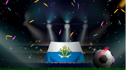 Fans hold the flag of San Marino among silhouette of crowd audience in soccer stadium with confetti to celebrate football game. Concept design for football result template