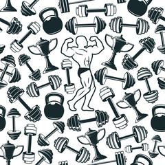 Muscleman and gym weight dumbbell seamless pattern