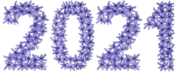 Inscription 2021, from natural flowers of hyacinth, isolated on white background