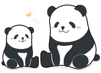 Cute funny cartoon style panda of parent and child family vector illustration.