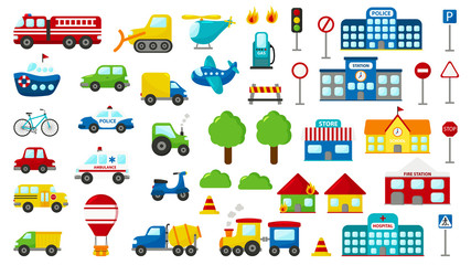 Set of cartoon vector transportation. Cute cars: police, ambulance, fire engine, truck, bus. Road signs. Buildings: fire station, hospital, station, police station, school and store. © Kristina