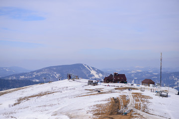 Majestic winter landscape glowing by sunlight in the morning. Dramatic wintry scene. Location Carpathian, Ukraine, Europe. Beauty world. Retro and vintage style, soft filter. Instagram toning effect.