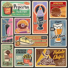 Fast food burgers, hot dogs, desserts retro menu