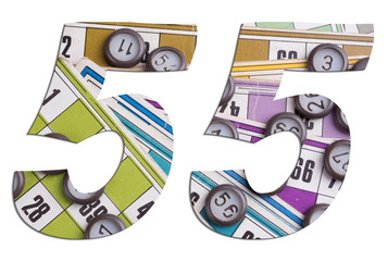Number 55 with Lotto cards and game chips on white background