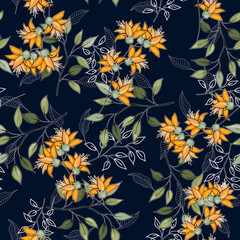 Fototapeta na wymiar Blooming realistic isolated flowers. Hand drawn vector illustration. Blossom floral seamless pattern. Vintage background.