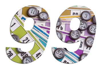 Number 99 with Lotto cards and game chips on white background