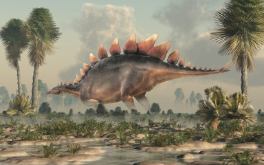 Stegosaurus, was a thyreophoran dinosaur. An herbivore, it is one of the best known dinosaurs of the Jurassic period. Here, a grey and brown one is standing in profile in a wetland. 3D Rendering.  © Daniel Eskridge
