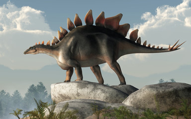 Stegosaurus, was a thyreophoran dinosaur. An herbivore, it is one of the best known dinosaurs of the Jurassic period. Here, a grey and brown one is standing on a pile of boulders. 3D Rendering. 