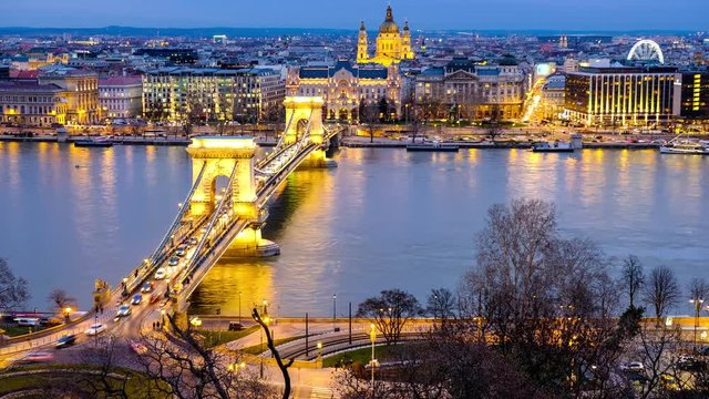 Aerial view of Chain bridge and night Budapest city. Time-lapse video of night city traffic, Budapest, Hungary.