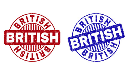 Grunge BRITISH round stamp seals isolated on a white background. Round seals with grunge texture in red and blue colors. Vector rubber overlay of BRITISH tag inside circle form with stripes.