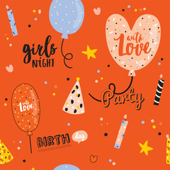 Happy birthday kids pattern with cute Holiday Party elements; gift box, ballon, cake, candle, hat. Isolated. White background. Vector. Good for decoration children's party