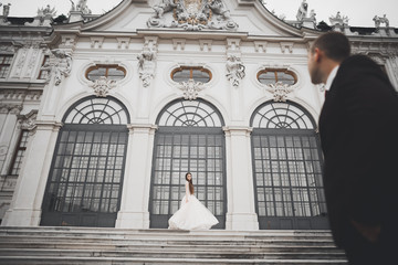 Fototapeta premium Perfect couple bride, groom posing and kissing in their wedding day
