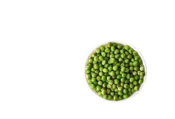 Green peas in a white bowl isolated on white background.